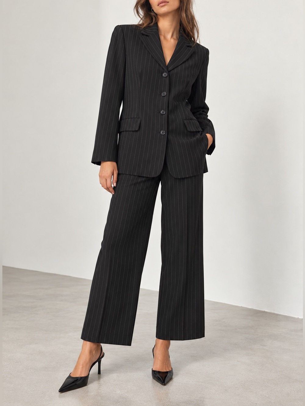 Sloan Classic Black Pinstripe Tailored Blazer and Wide-Leg Ankle Suit Pants